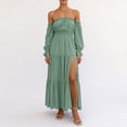 thumbnail image 4 of Dolkfu Pull-on Summer Dresses for Women Refined Boat Neck Green Long Sleeve Sundress Maxi Relaxed Fit Solid Retro Vintage Dresses Mint Green,S, 4 of 6