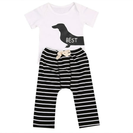 One opening 2Pcs Infant Twins Baby Girl Boy Best Friends Short Sleeve Romper+Striped Pants Outfit (Best Outfit For Boys)