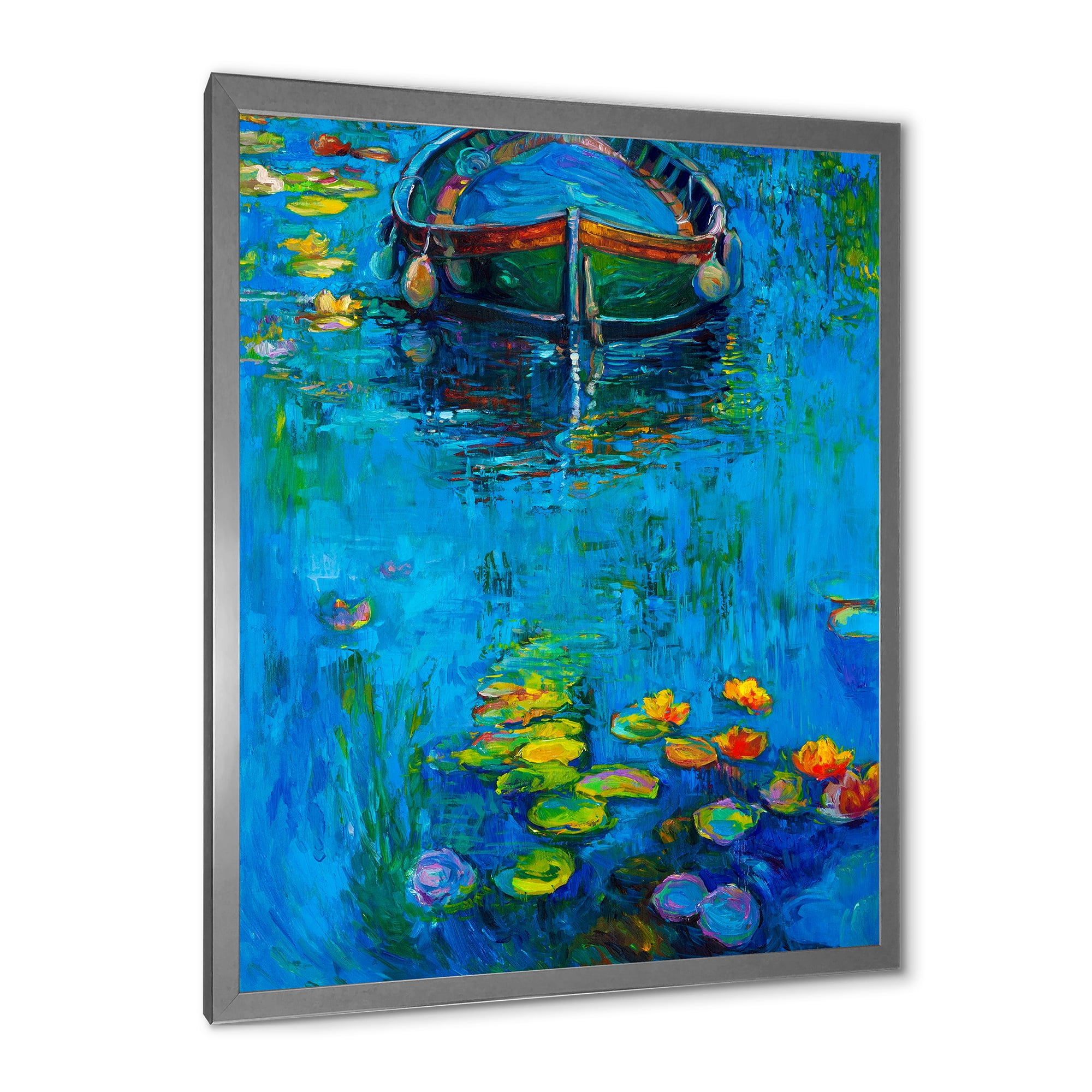 Designart 'Boat In Blue Lake' Nautical & Coastal Framed Art Print