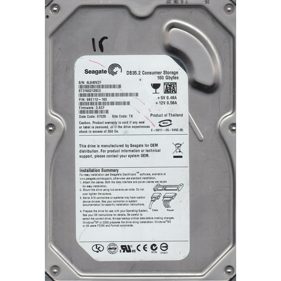 Seagate 7200.2 ST3160212SCE 160 GB Hard Drive, 3.5" Internal, SATA (SATA/300)