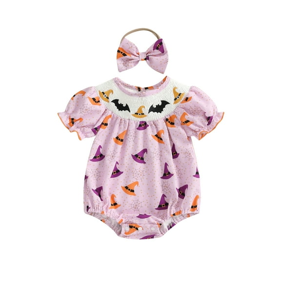BemeyourBBs Baby Girl Halloween Outfits Embroidery Smocked Romper Headband