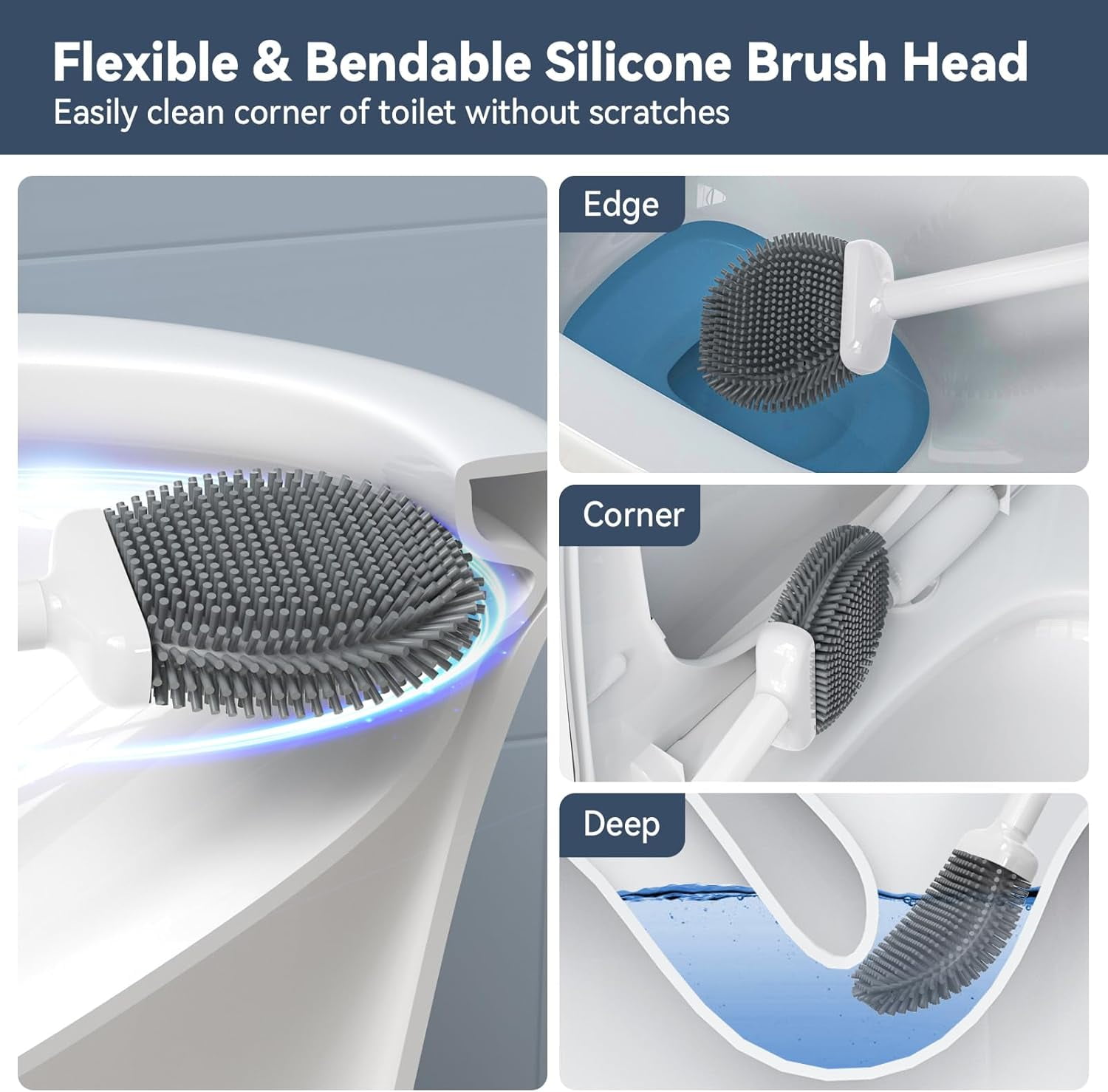 Unique Toilet Plunger and Brush Silicone Brush Heavy Duty Set with Ventilated Holder 2-in-1 Combo for Bathroom Cleaning-New Pack (White)