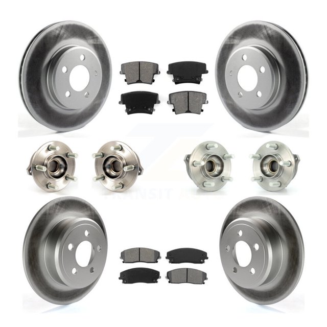 Transit Auto Front Rear Hub Bearing Assembly Coated Disc Brake Rotors and Semi-Metallic Pads Kit (10Pc) for Car Dodge Charger Chrysler 300 AWD with 2.7L - Left Right Side (Driver Passenger) KBB-112124