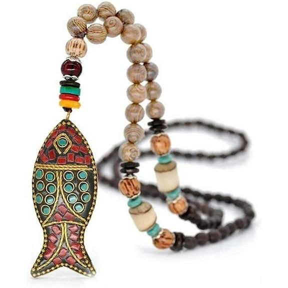 Boho Necklaces For Women Long Pendant Beads Necklace Vintage Ethnic Bohemian Lucky Jewelry Handmade Wooden Bead Fish Charms Sweater Chains Fashion Cos