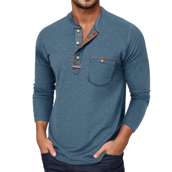 Tisuna Men Autumn T-Shirts Soft Henley Neck Tops Men Solid Outfits For Athletic Casual Size L