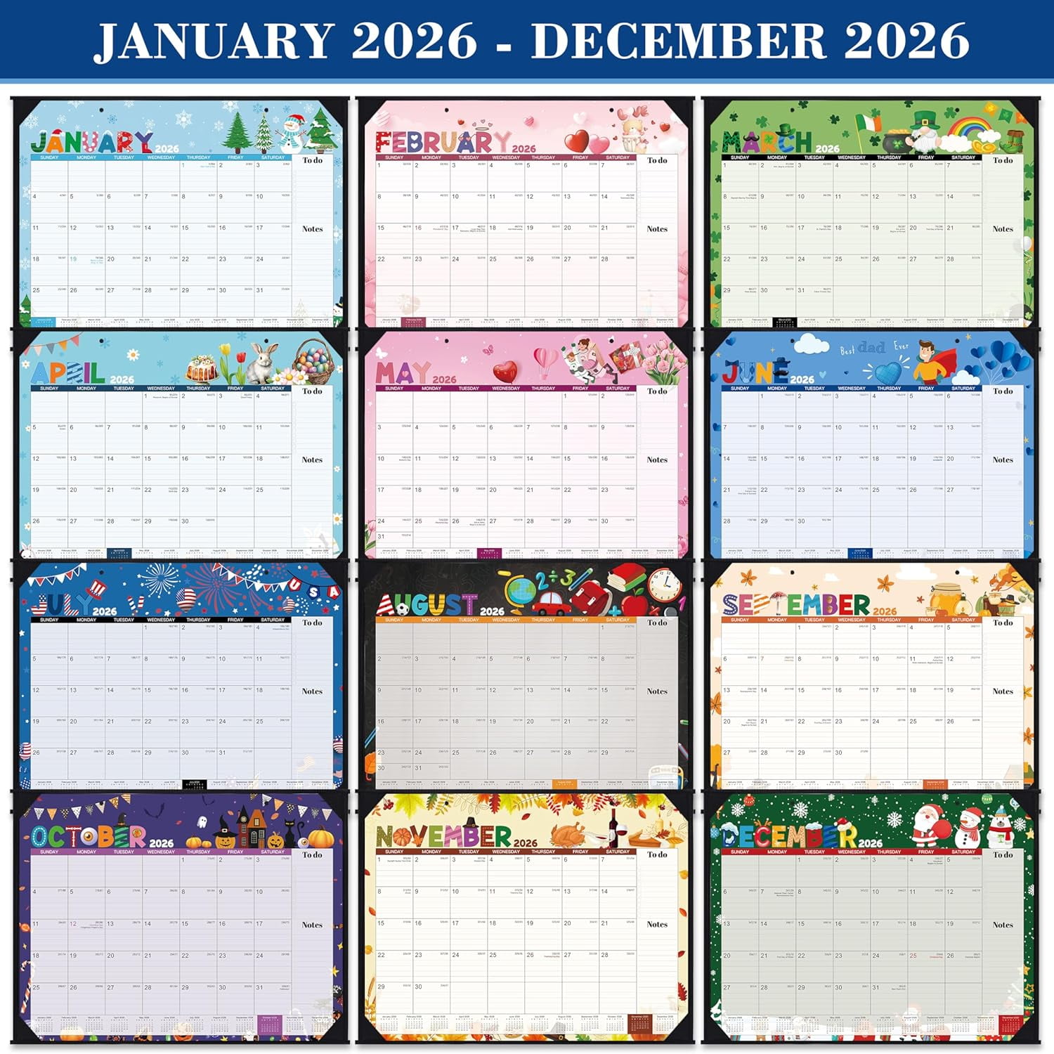 2026 Desk Calendar - Large Desk Calendar 2026, Jan.2026 - Dec.2026, 22" x 17", 2026 Calendars with Corner Protectors + Large Ruled Blocks, To-do & Notes, 12 Different Themes