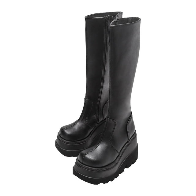 Aqestyerly Women's Winter Boots Gothic Style Thick Soled Long Motorcycle Riders Large Head Slim High Boots