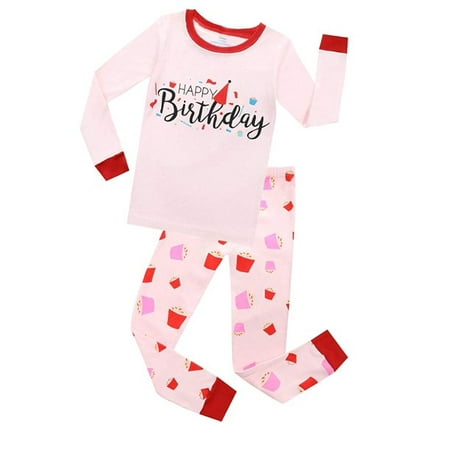 Elowel Girls Happy Birthday 2 Piece Pajama Set 100% Cotton Size 12 Pink 