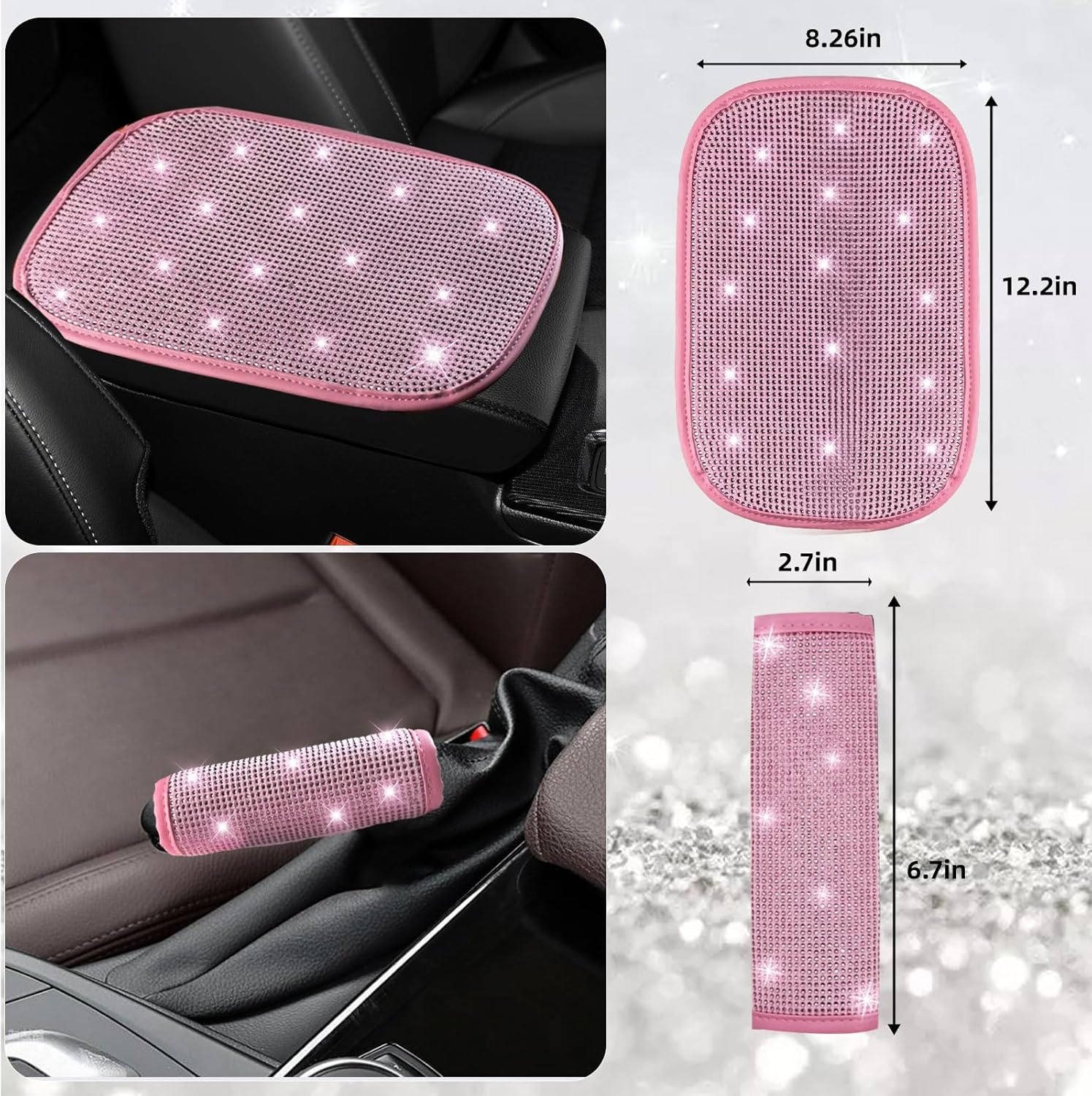27 Pcs Pink Bling Car Accessories Set for Women, Steering Wheel Cover with Rhinestone Console Cover Seat Belt Cushion Shift Knob Cup Coaster Car Hanging (Pink)