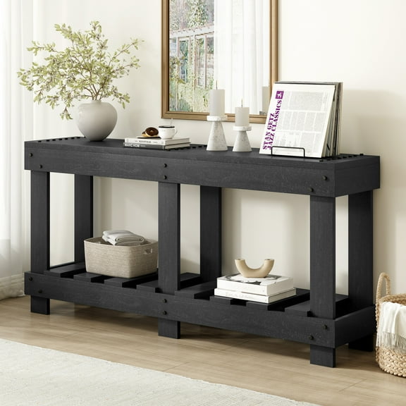 62.9" Vintage Entryway Table with 6 Reinforced Legs & 4.5" Thick Desktop, Console Table with Metal Rivet Decor & Open Shelf, for Hallway, Living Room, Black