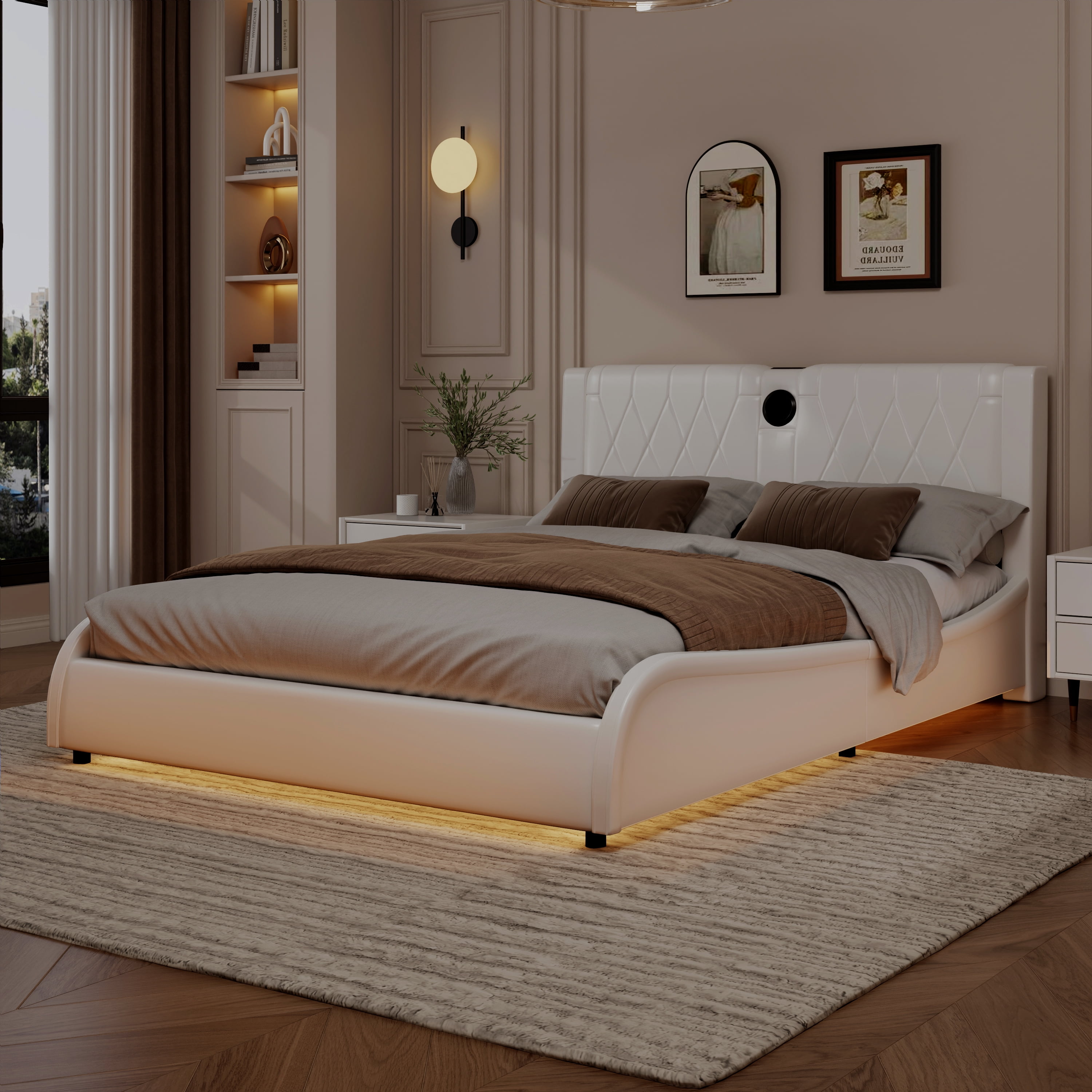 MAYEERTY Queen Faux Leather Platform Bed Thick Headboard Bluetooth RGB for Bedroom White