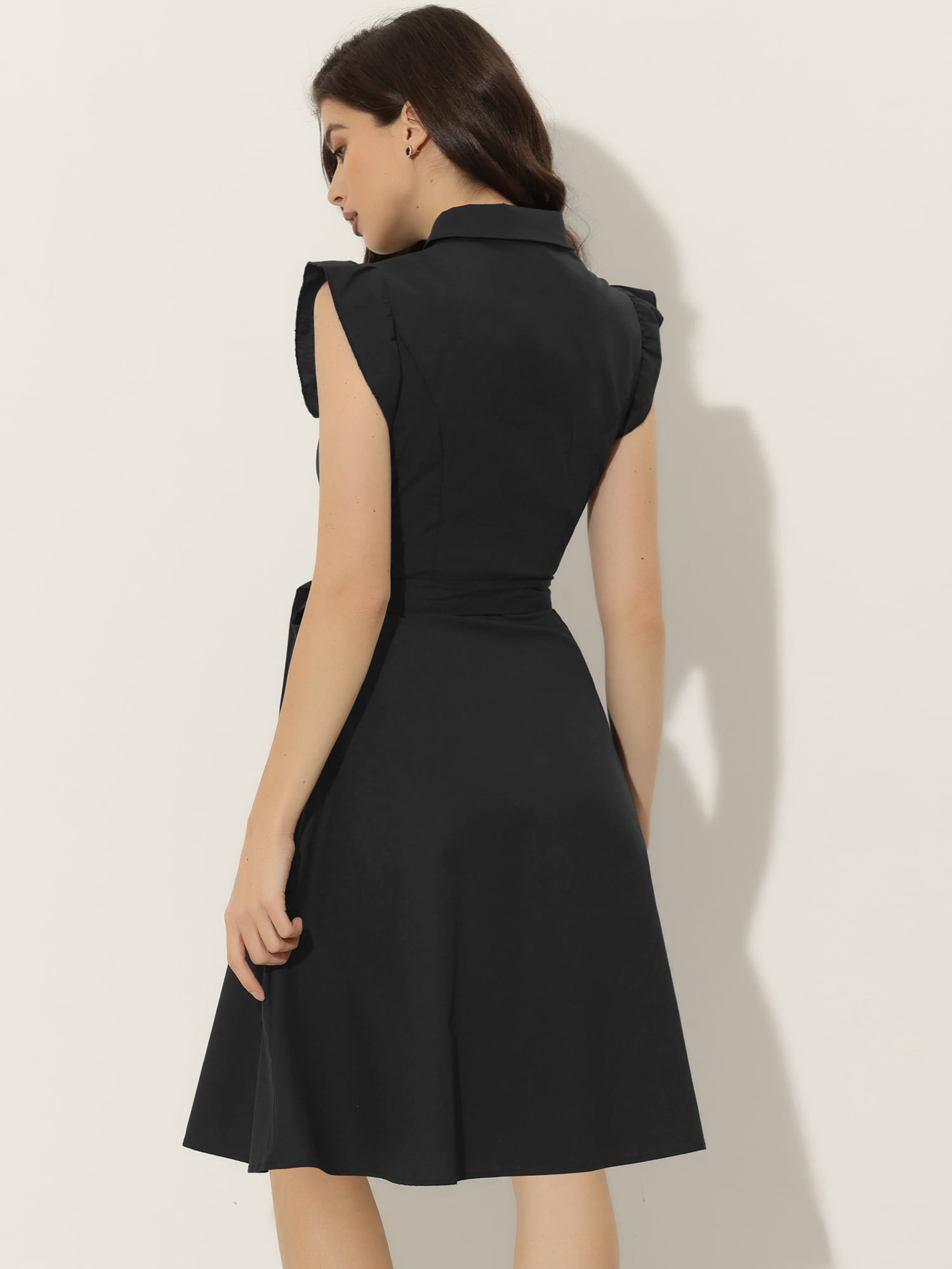 DARING DIVA Ruffled Sleeve Button Down Belted Knee Length Shirt Dress XS Black