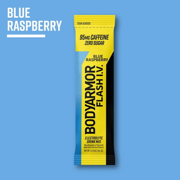 BODYARMOR Caffeine Flash IV Blue Raspberry flavored Electrolyte Mix, 0.28 oz Pouches, 6 Pack