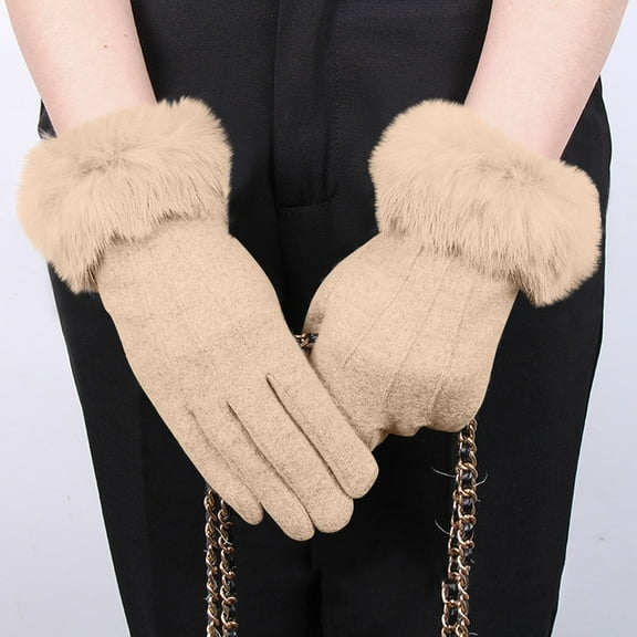 Women's Winter Touchscreen Gloves, Fleece Lined Thermal Gloves with Furry Cuffs, Double-Layer Thick Warm Gloves for Outdoor Skiing, Cycling and Driving Beige