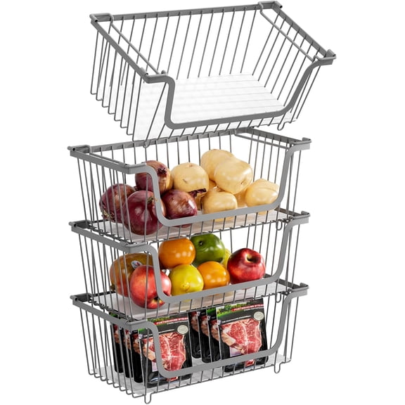 4 Pcs Stackable Wire Baskets for Pantry Organizers and Storage,Vegetable Fruit Basket for Countertop,Kitchen Storage Metal Baskets,Produce Potato Onion Storage Bin,Gray