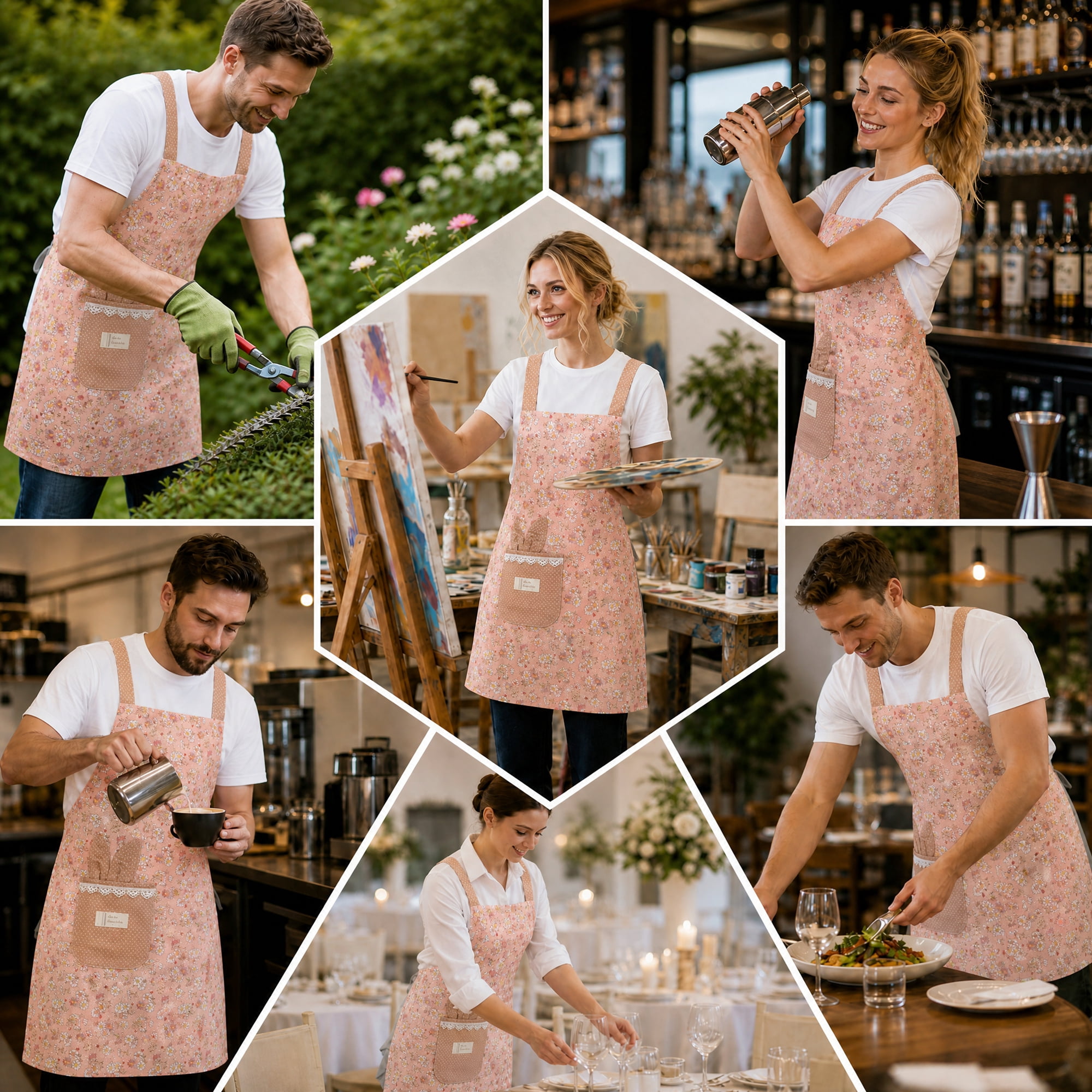 Unique Bargains Flower Pattern Kitchen Cooking Aprons for Home Pink