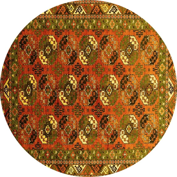 Ahgly Company Machine Washable Indoor Round Oriental Yellow Industrial Area Rugs, 8' Round