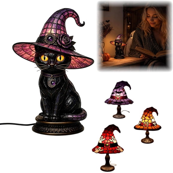 Halloween Decorations Indoor,Lighted Black Cat Table Lamp with Witch Hat,Stained Glass Style Halloween Witch Lamp,Gothic Decor for Shelf Desk(A)