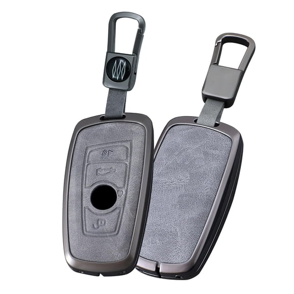 Gray Metal Leather Key Fob Cover Fit for BMW X3 M2 F Series 235ix 320 E90 E92 E93 X5 F10 F20 F30 F40, 1 2 3 4 5 7 series 2017 M4 Accessories Keyless Key Holder with Keychain