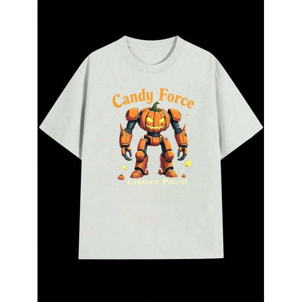 Boys Halloween Pumpkin Robot Graphic T-Shirt, Black Casual Style Halloween Shirts With Robot and Pumpkin, Girls/Boys Fall Clothes, Round Neck Short Sleeve T-Shirt