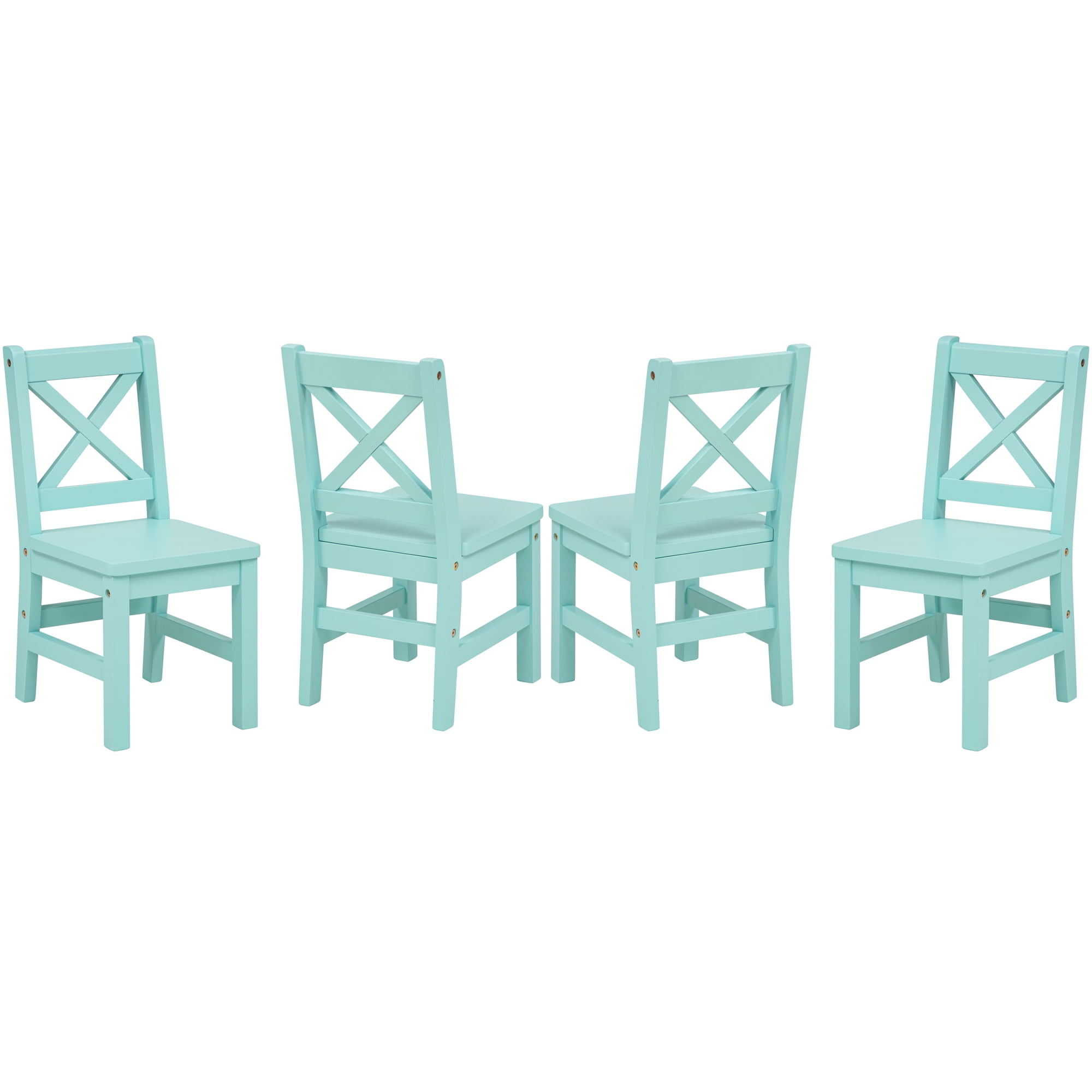 eHemco Solid Hard Wood Kids Table and X-Back Chairs Set (4 Chairs Included), Mint Blue, 5 Piece Set