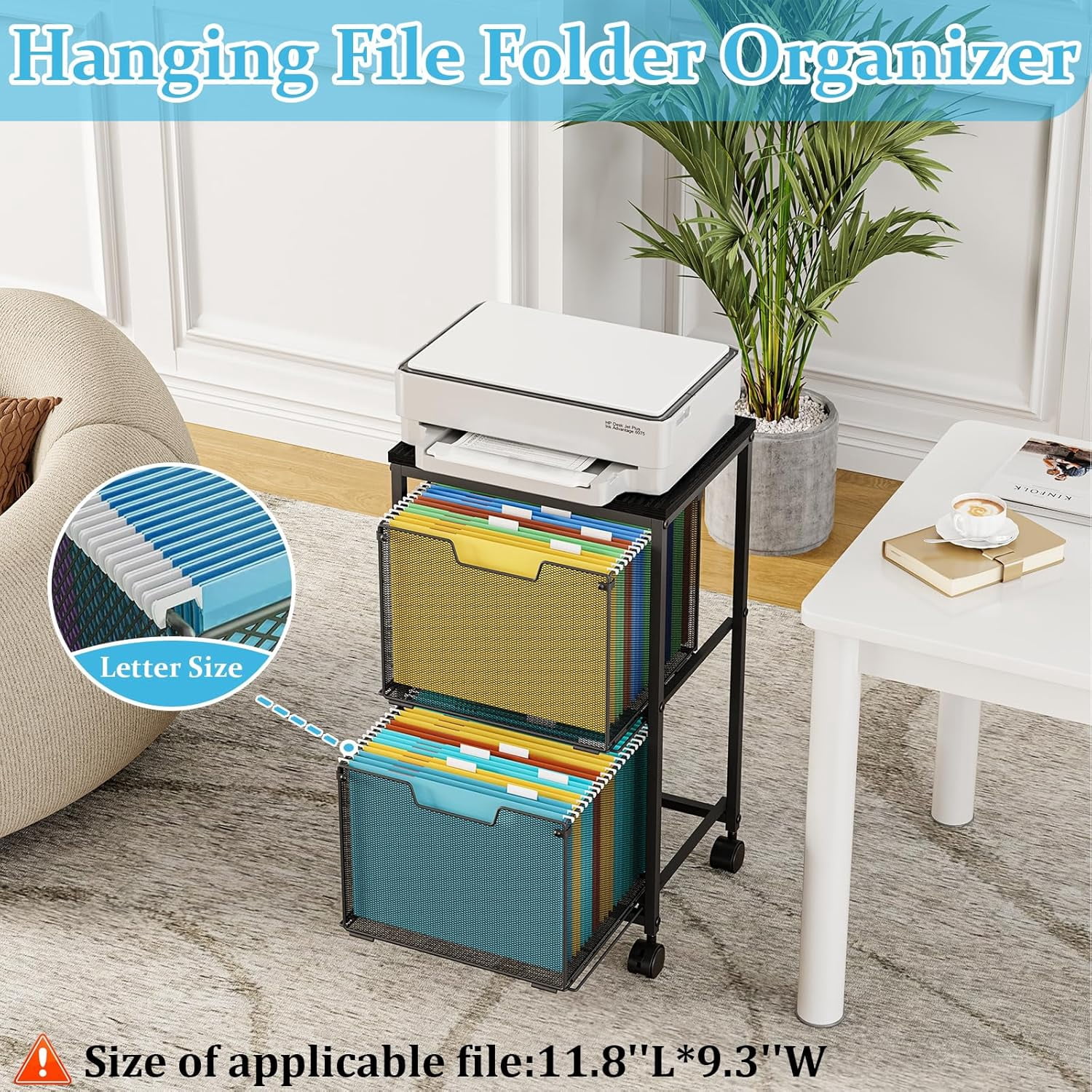 X-COSRACK 2-Drawer Rolling File Cart, Heavy-Duty 100 Lbs Metal Filing Cabinet with Wooden Top, Under Desk Printer Stand with Visual Mesh Drawers & Wheels, Home Office Organizer, Black