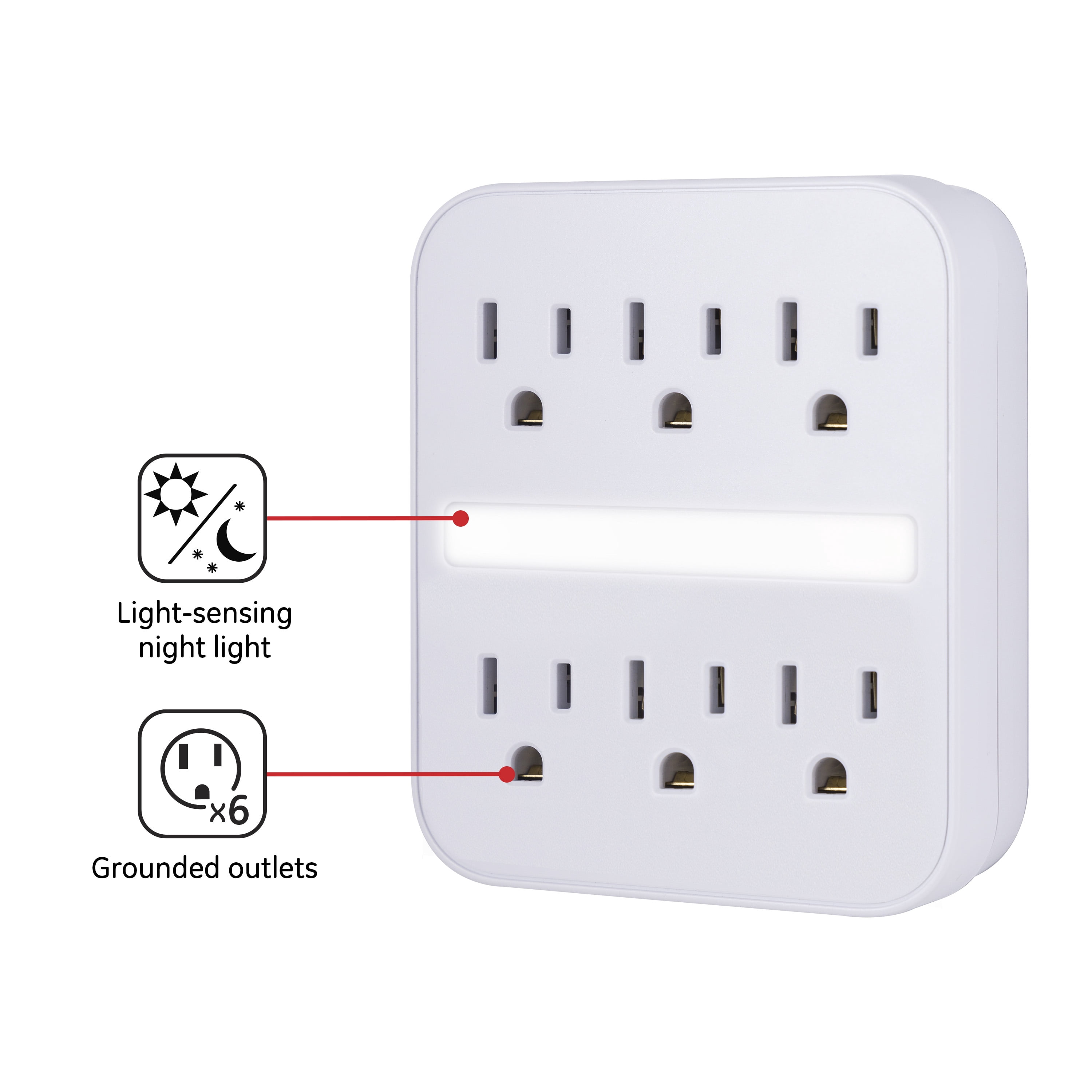 GE 6-Outlet Grounded Tap with LED Night Light, 440J, Light Sensing