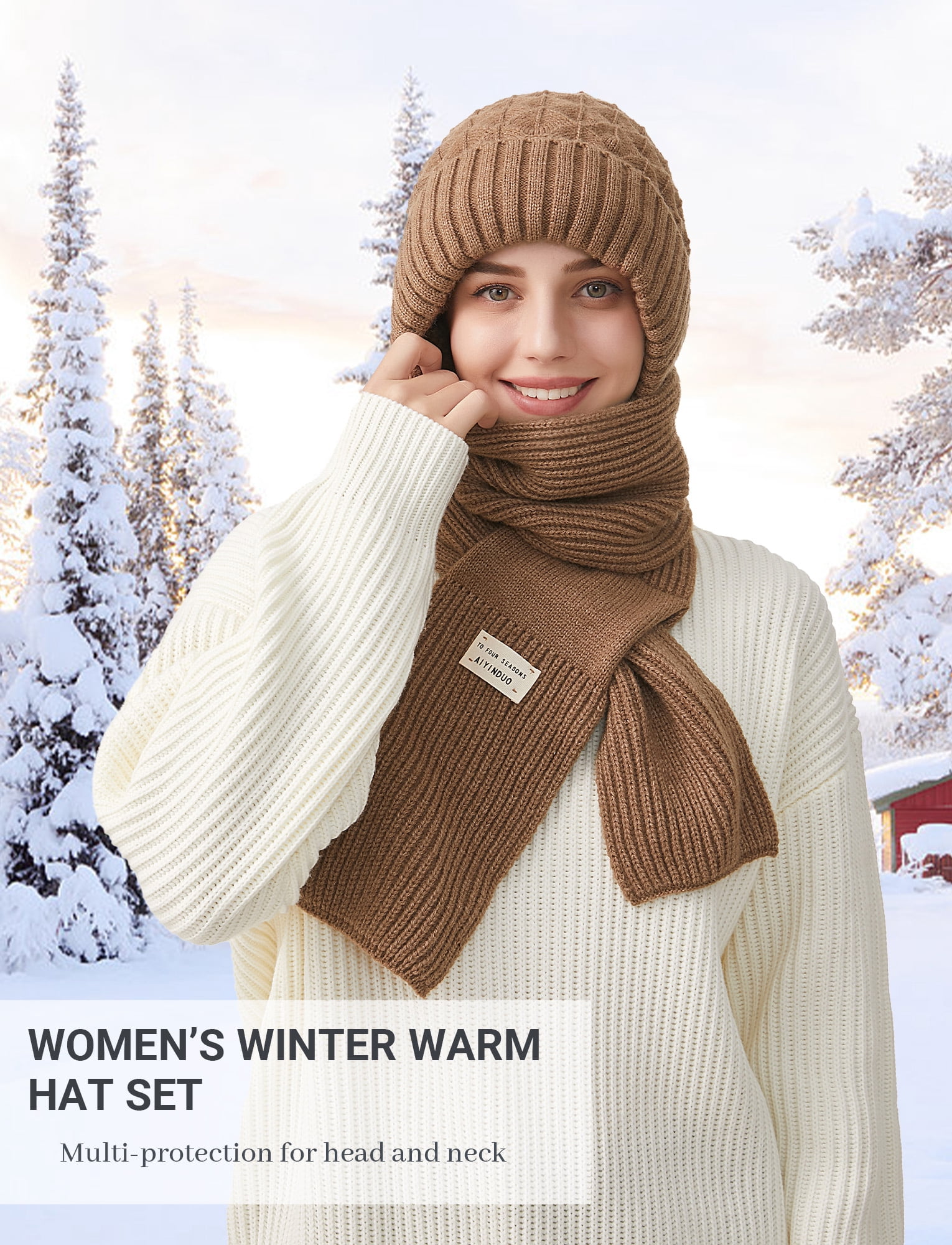 FEOYA Fleece Balaclava Hat Hood Scarf Women Integrated Ear Protection Windproof Cap Scarf One-Piece Hats Scarf Beanie Warm Knitted Ski Scarf Hat Khaki