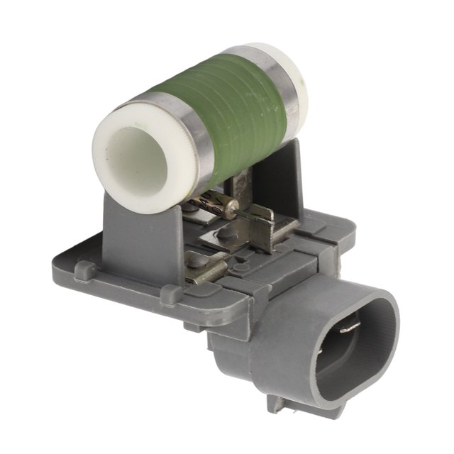 resistor del motor del ventilador HVAC No.6S659A819AA para Ford Ecosport 2006 para Ford Fiesta 2003-2012 Resistor de recambio con base plástica gris, bobina verde enrollada y núcleo cerámico blanco, con conector eléctrico ovalado de 3 pines y lengüetas metálicas visibles; vista frontal en ángulo que muestra la montura. Suele usarse como reemplazo directo para restaurar el control de velocidad del ventilador en el sistema de A/C y calefacción.