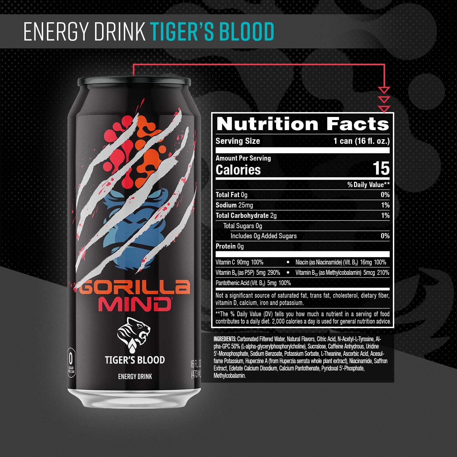 Gorilla Mind Energy Drink, No Sugar or Artificial Colors, Tigers Blood, 16 oz, 12 pack Cans