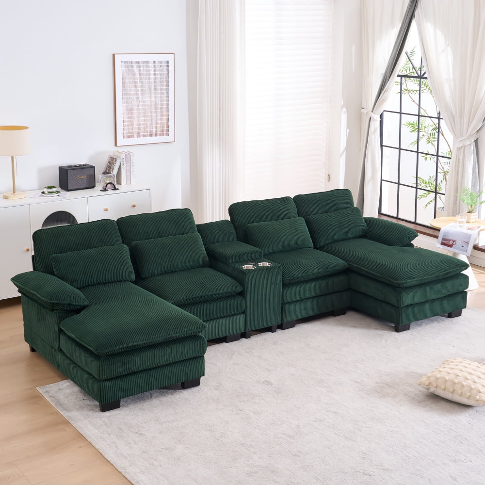 124" U-Shaped Modern Sectional Sofa w/ Console, Cup Holders & Pillows,  Comfortable Seating, Boneless Couch for living room
