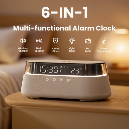 6-in-1 Smart Bedside Alarm Clock, 15W Fast Wireless Charger, Wireless Speaker, FM Radio, Dual Alarms & RGB Night Light with USB Port, Ideal Gift for Bedroom & Office