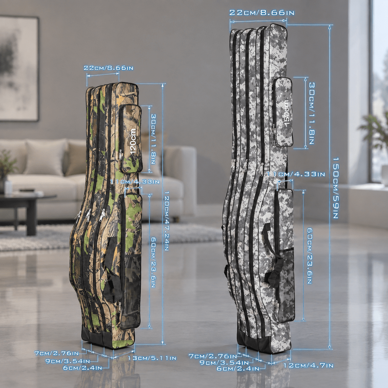Grey Camouflage 59in 3 Layer Portable Fishing Rod Carry Case