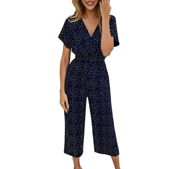 Baqcunre Women's V-Neck Pocket Elastic Waist Jumpsuit,Color Dark blue,Size S-XL
