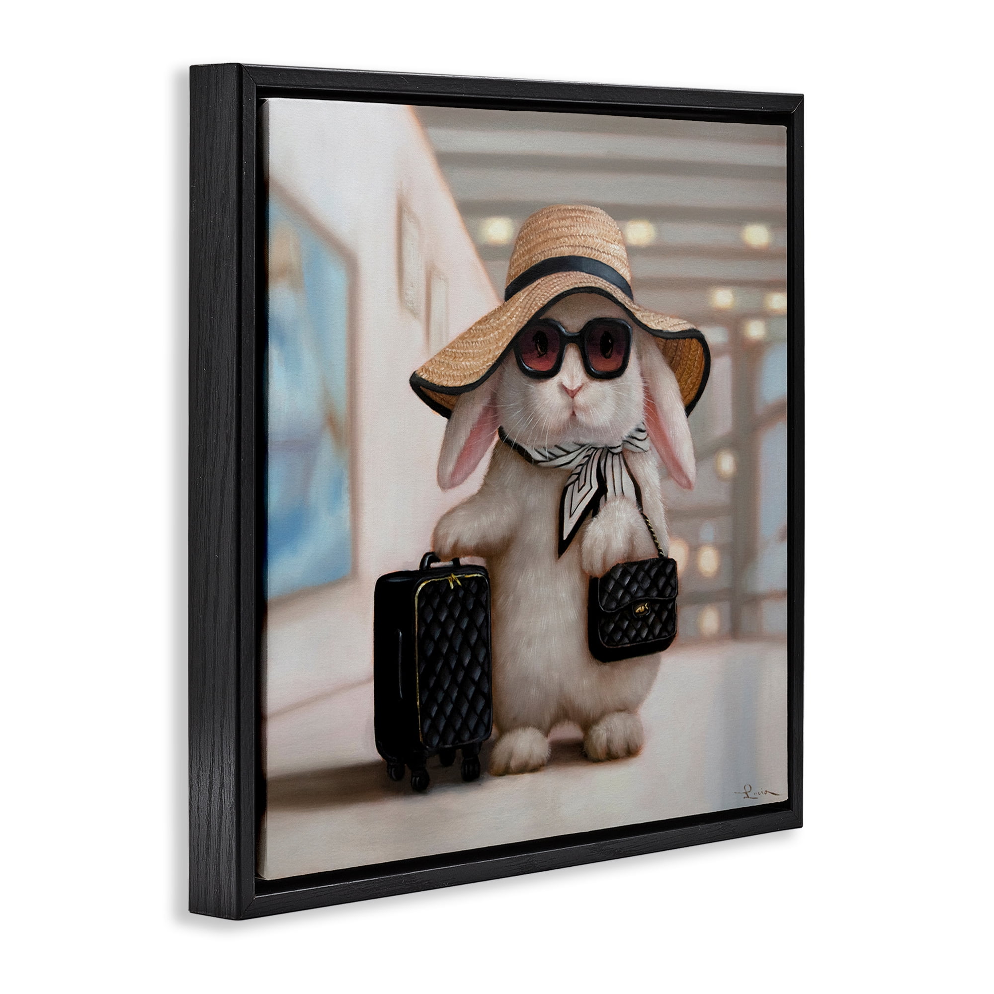Stupell Industries Bun Voyage Traveling Rabbit Black Framed Floater Canvas Wall Art, design by Lucia Heffernan