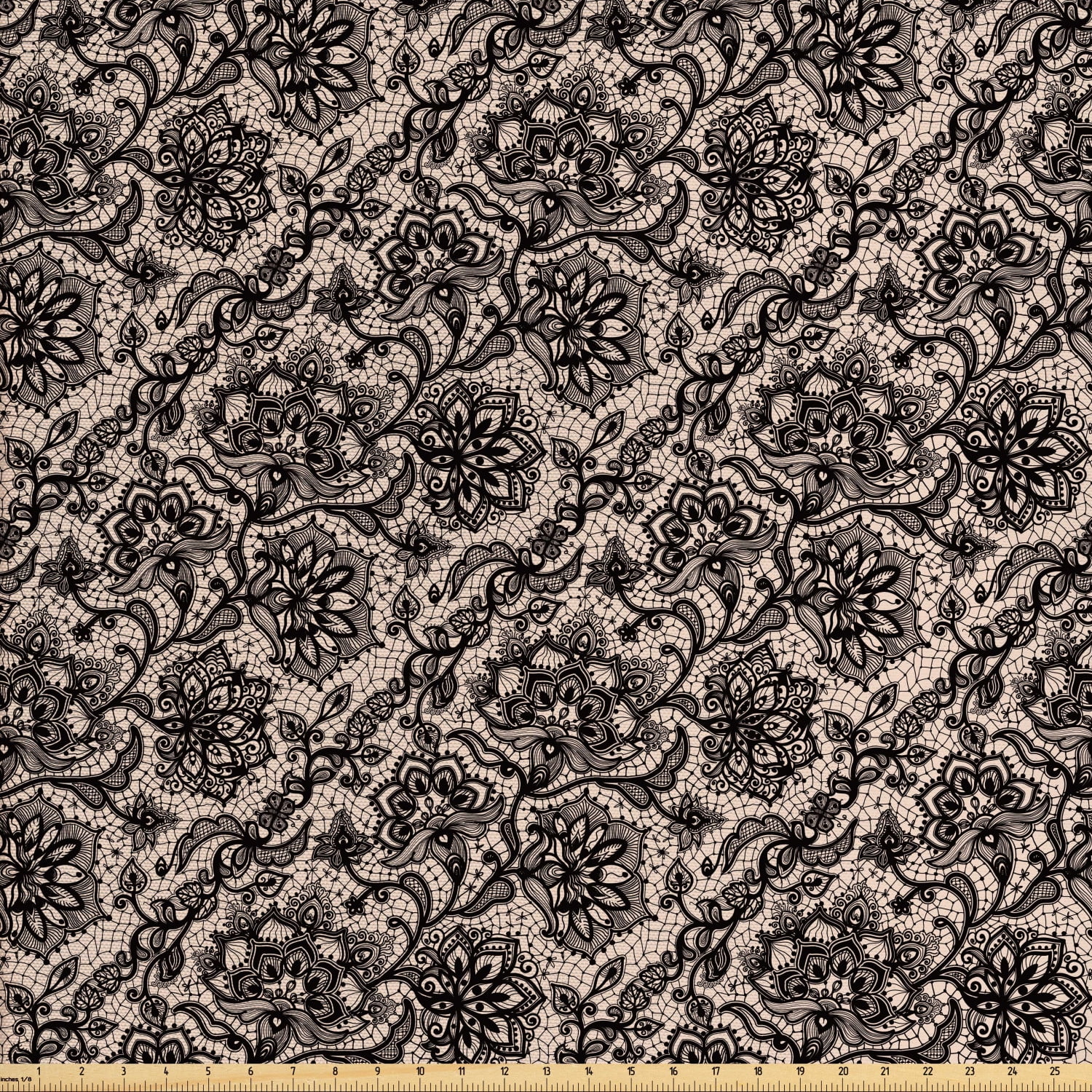 Gothic Fabric by The Yard, Abstract Graphic Lace Pattern with Flowers