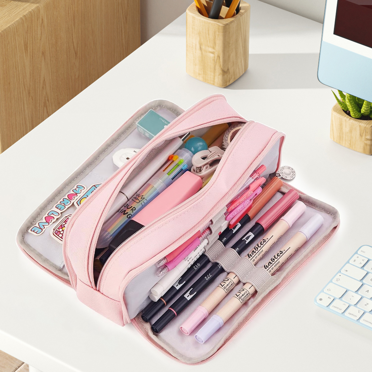 Rirool Large Capacity Pencil Case, 3 Compartments, Pink photo 6