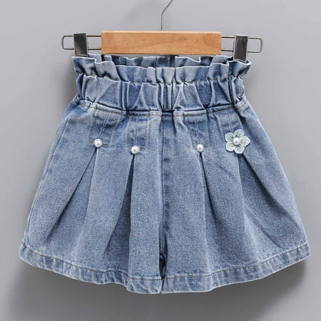 

Big Girls Summer Thin Elastic Waist Shining Denim Perforated Pleats Denim Shorts Culotte Baby Clothes Clearance Blue 6 12-13 Years