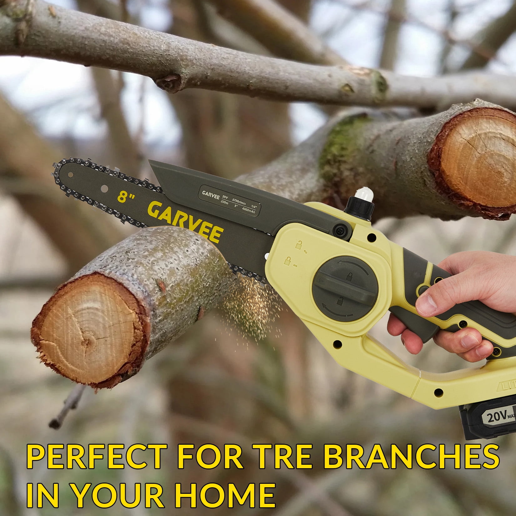 Garvee 20V MAX Brushless Mini Chainsaw, 8-Inch Cordless Electric Pruning Saw, Battery Powered for Tree Trimming, Limb Cutting, and Home Garden Use（1 battery and 1 charger）