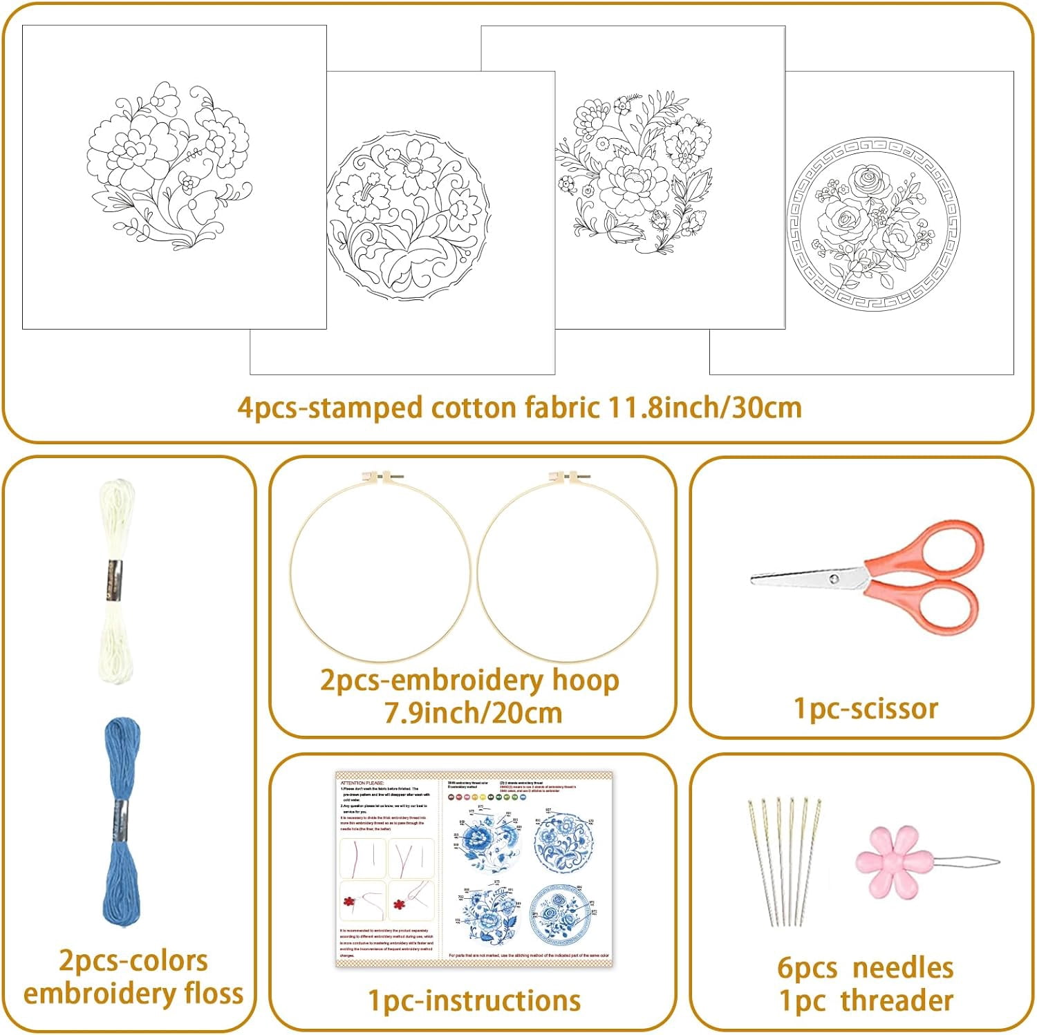 4 Set Embroidery Kit for Beginners, Blue Flower Cross Stitch Kits, Needlepoint Kits for Adults with Instructions and Full Kit, Hand Embroidery Patterns for Cloth and Home Decor