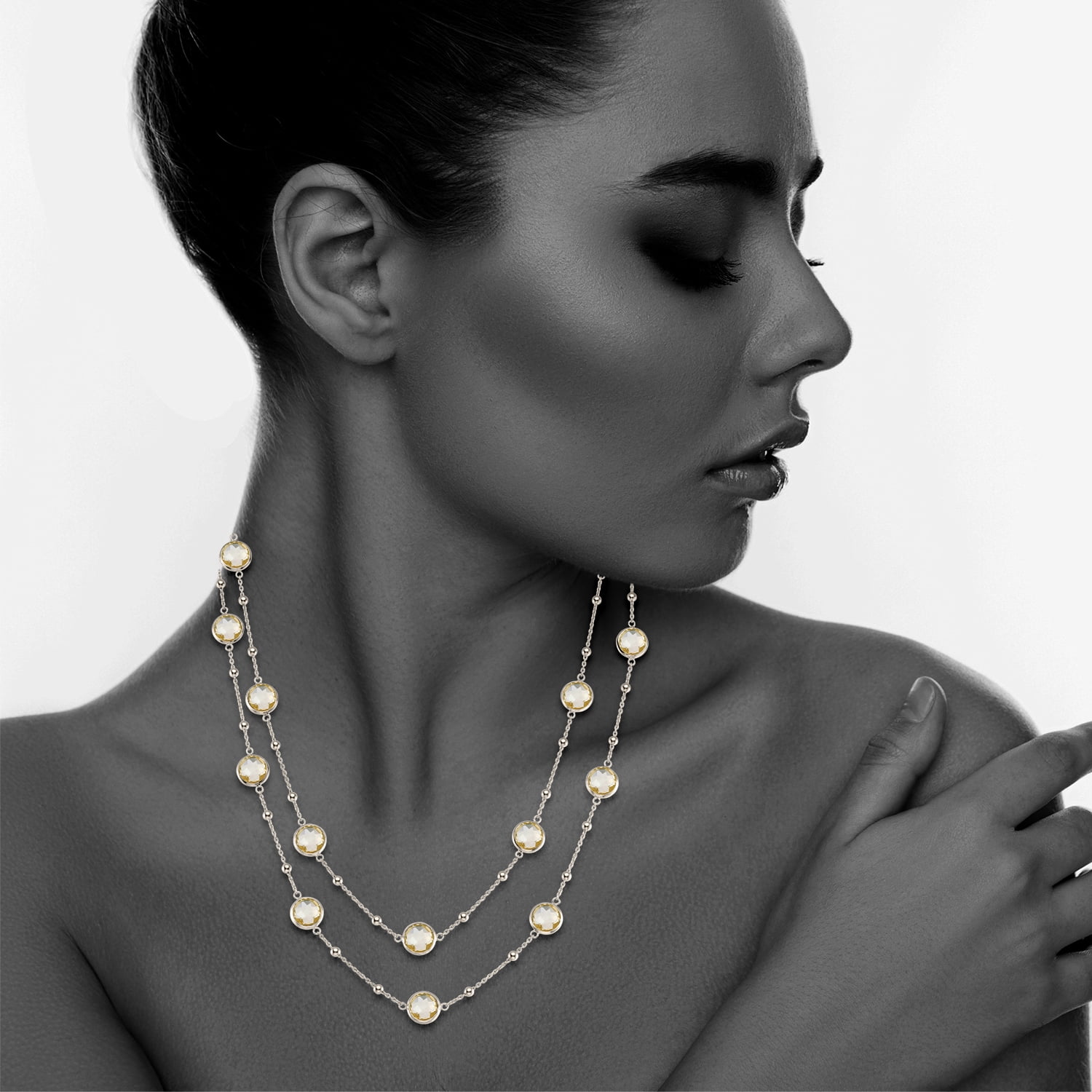 5th & Main Sterling Silver Bezel Necklace with Small Silver Stations and Citrine Round Gemstones