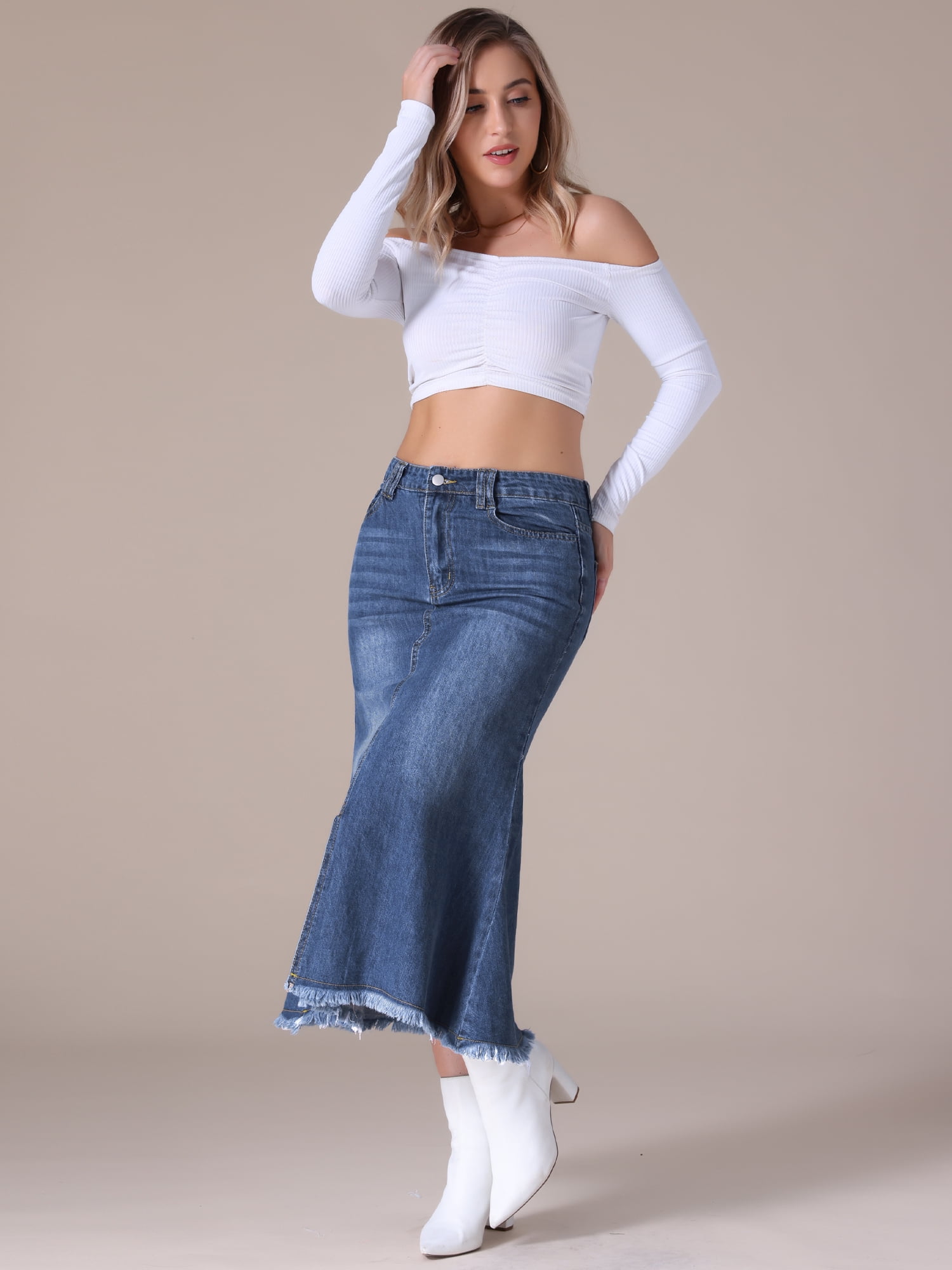 Unique Bargains Women's Long Denim Skirts Split A-Line Fishtail Jean Skirt L Dark Blue
