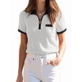 thumbnail image 3 of Women's Knit Short Sleeve Po-Lo Shirts Collared Neck Work Dressy Loose Tops for Summer Business Black & White M, 3 of 7