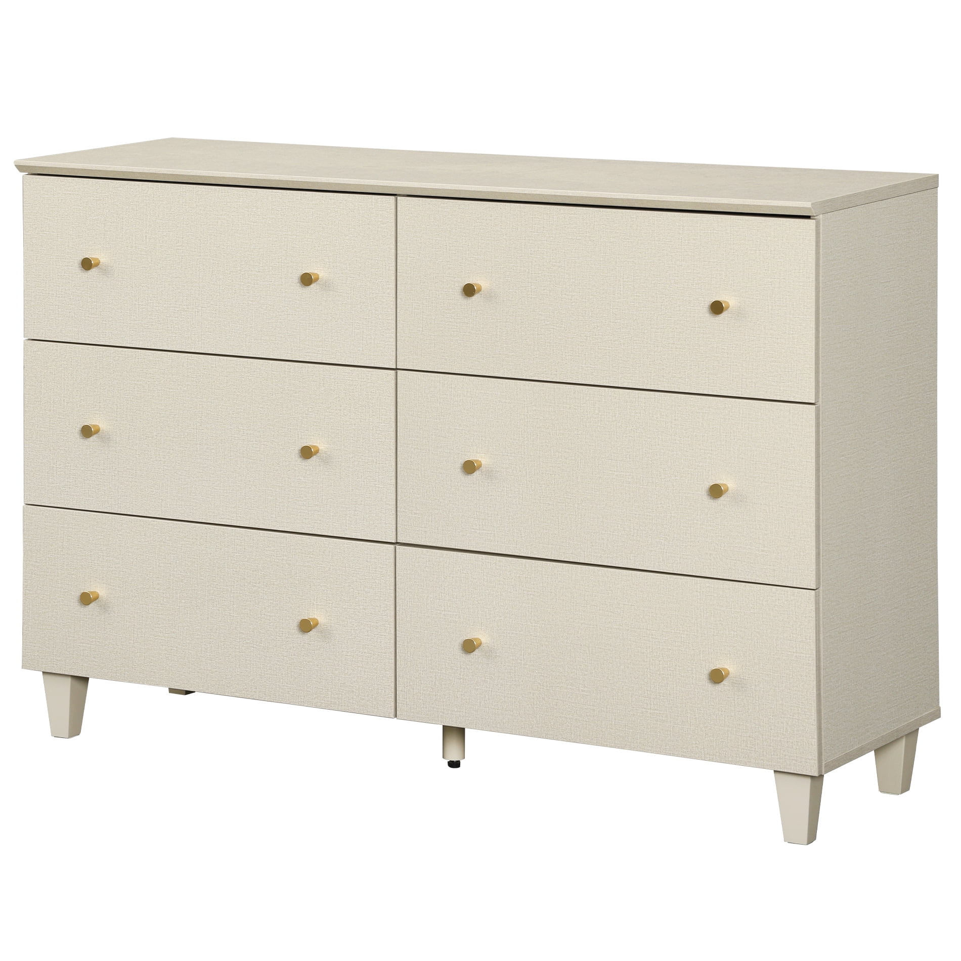 6 Drawers Dresser for Bedroom, Modern Wide Double Dressers with Chest of Drawers, Wood Closet Organizer, Beige Faux Linen Finish