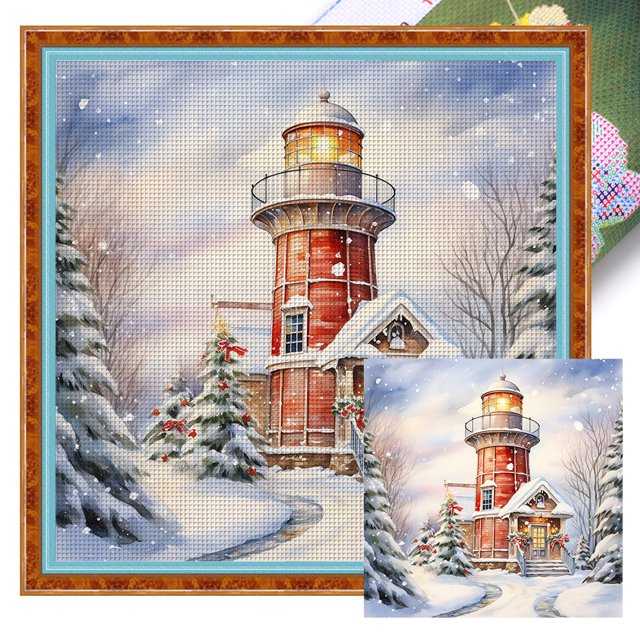 Hilo Algodón Bordado 11CT Faro en Nieve Punto Cruz 40x40cm Cgtredaw