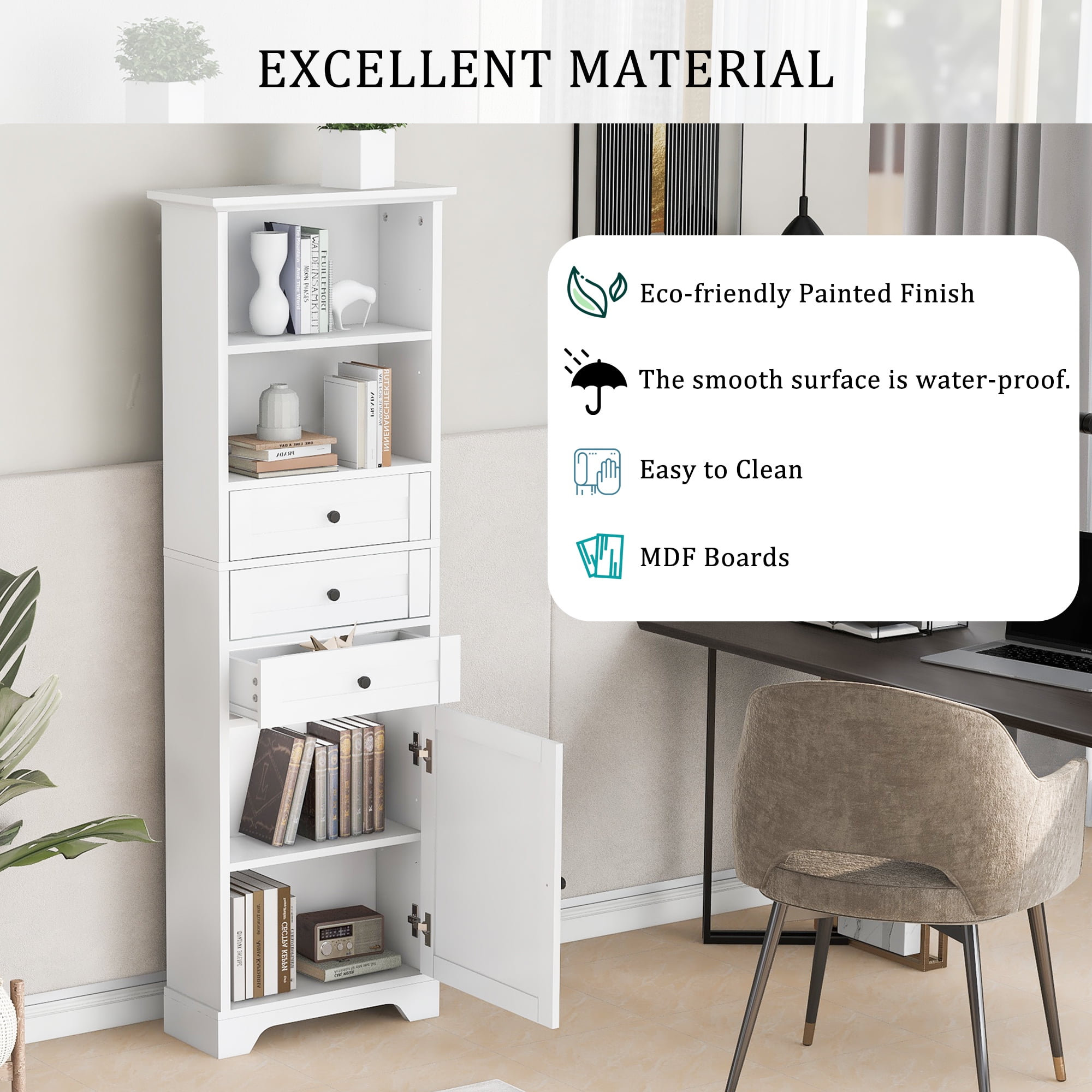 Aukfa 68''W Bathroom Cabinet with Drawers and Shelves,Freestanding Tall Storage Cabinet - White