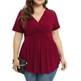 thumbnail image 2 of RYRJJ Women's Plus Size Dressy Tops Wrap Shirt Contrast Lace Short Sleeve Tunic Top V Neck Low Cut Cute Blouse(Red,XXL), 2 of 9