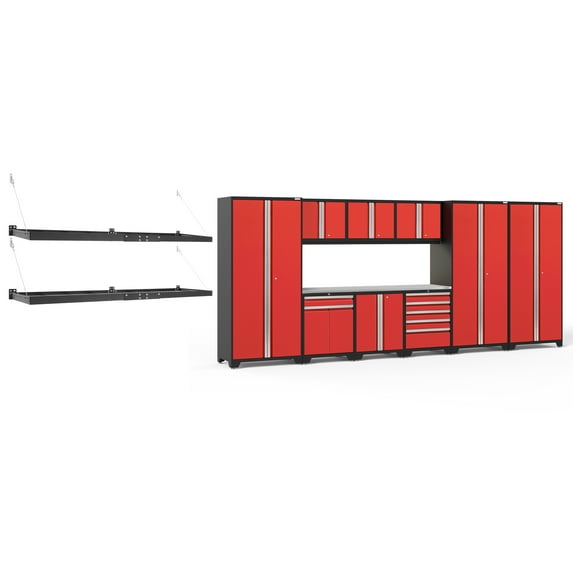 NewAge Products Pro Series Red 12 Piece Cabinet Set, Heavy Duty 18-Gauge Steel Garage Storage System, LED Lights / Wall Mounted Shelf Included