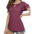 thumbnail image 6 of Summer Saving Wycnly Cute Tops for Women Short Sleeve V-Neck Plain T shirts Summer Casual Solid Ruffle Sleeve Loose Fit Blouse with Tie Wine XXL Clearance Clothes, 6 of 7
