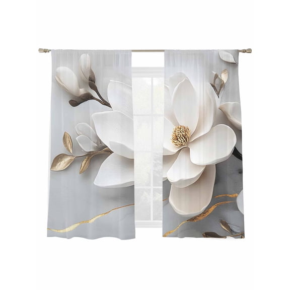 Retro Magnolia Sheer Curtains 2 Panels Set White Floral Sheer Window Curtains Light Filtering Rod Pocket Voile Drapes for Bedroom Living Room 52"X72"